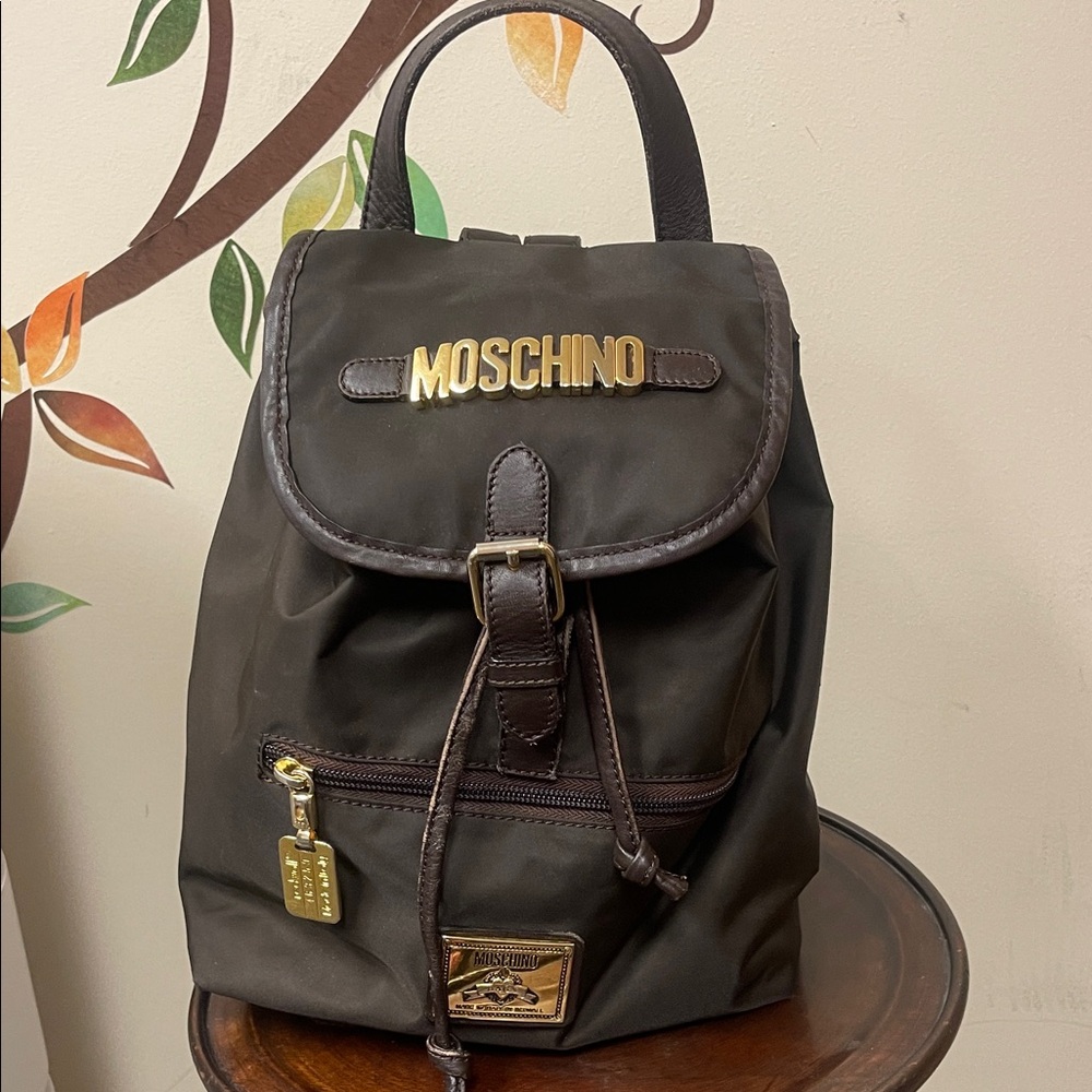 Moschino Small Brown Nylon Backpack Gold Hardware Leather Trim & Exterior Pocket